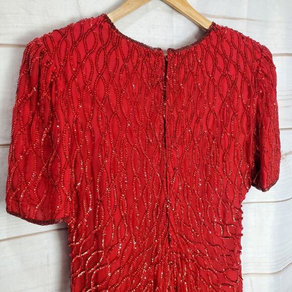 Vintage Laurence Kazar Dress Women Large Red Sequin 80s Beaded Silk Evening Glam - Picture 9 of 13